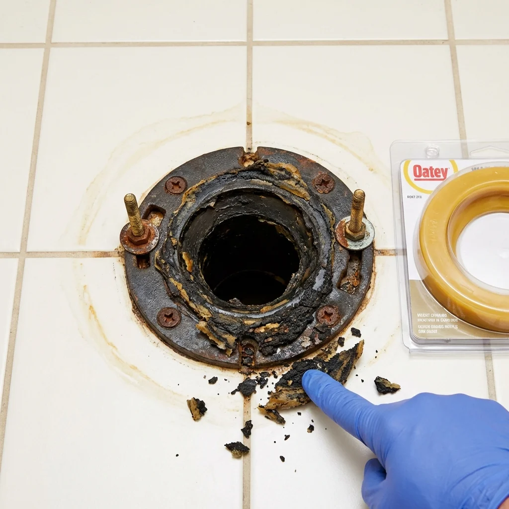 Failed wax ring showing water seepage at the base of a toilet in a Harrisburg, NC home