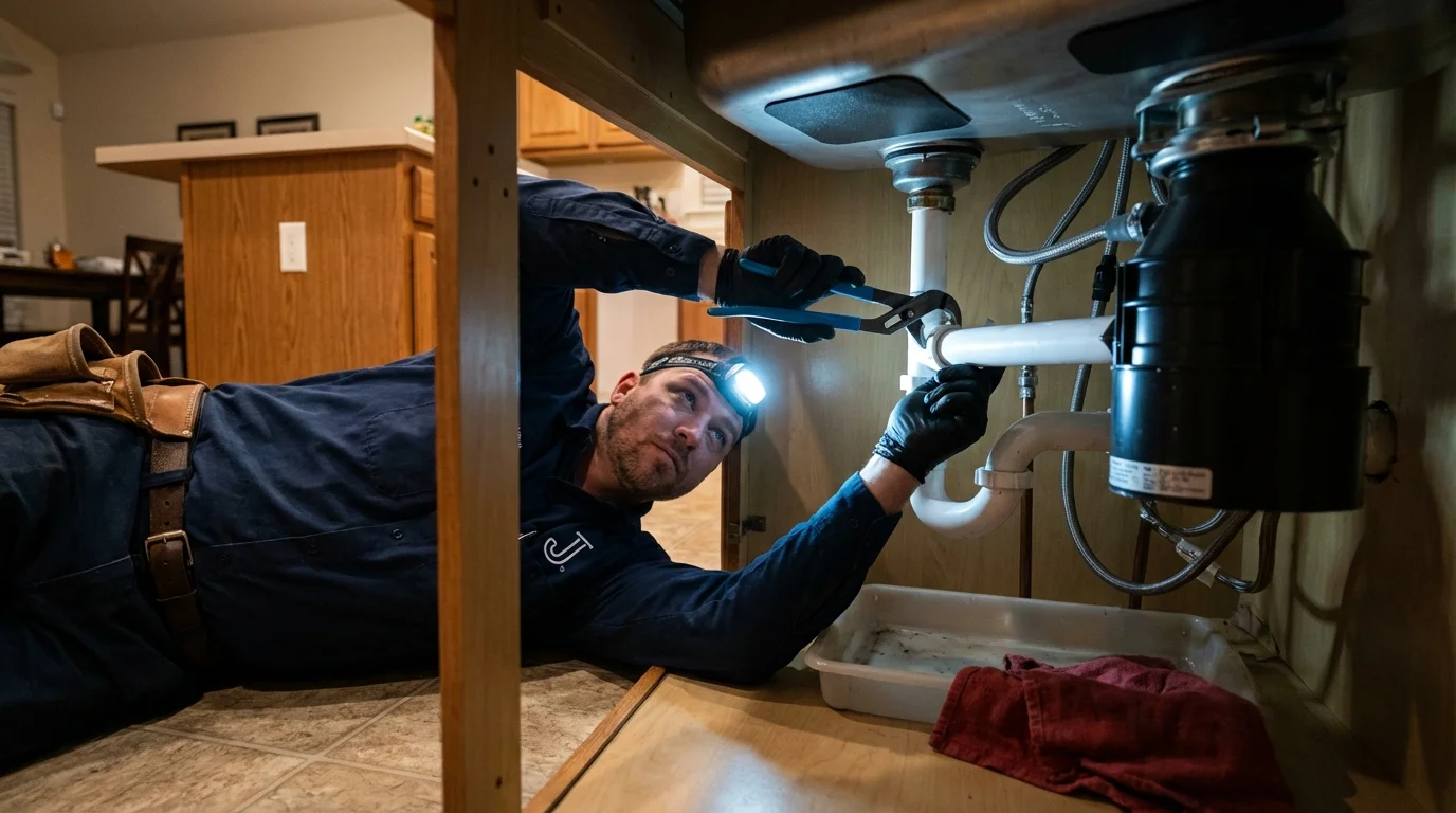 P-trap and supply line connections under a kitchen sink showing a common leak point in Harrisburg, NC
